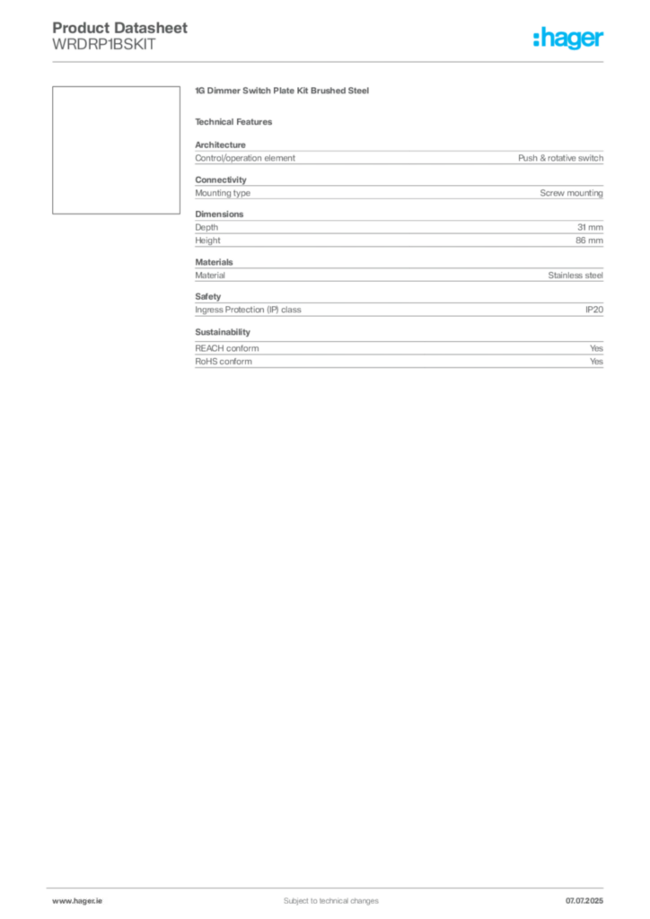 Image Hager Product data sheet WRDRP1BSKIT  | Hager