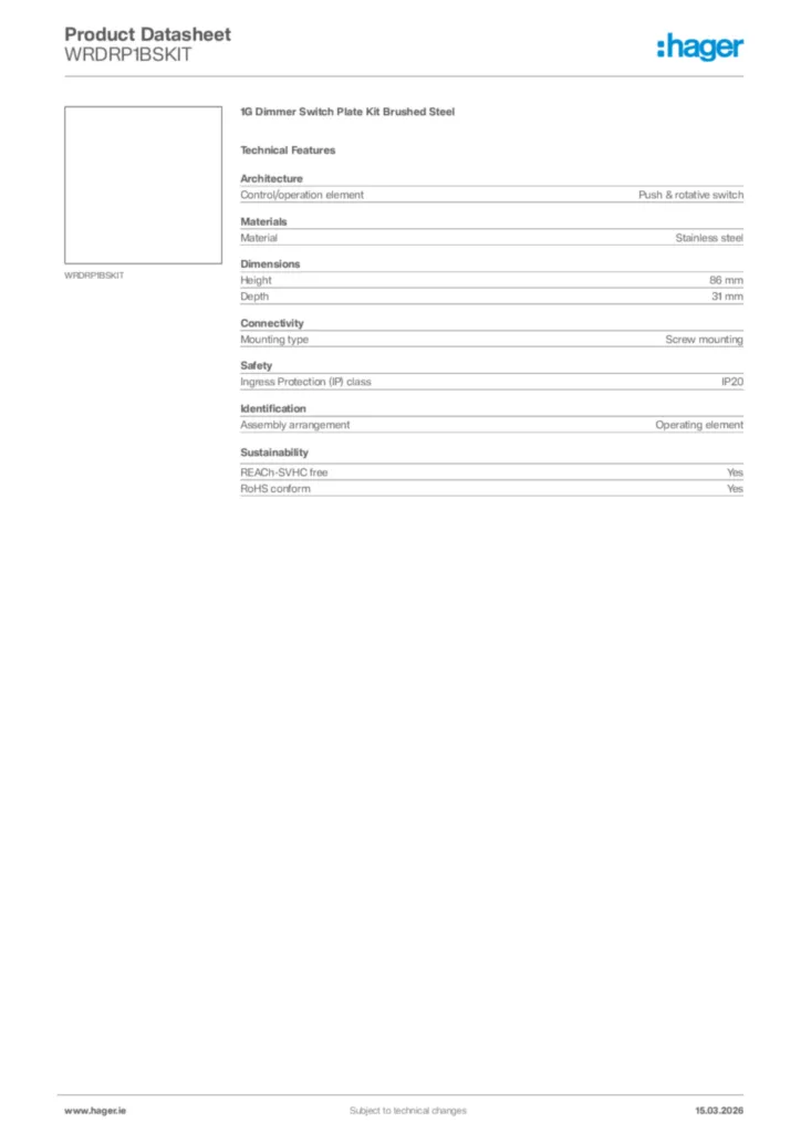 Image Hager Product data sheet WRDRP1BSKIT  | Hager