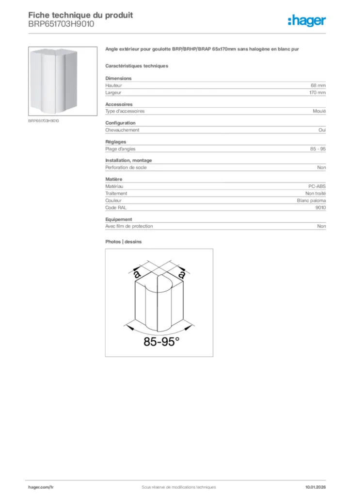 Image Hager Fiche technique du produit BRP651703H9010 | Hager France