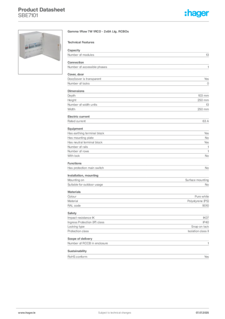 Image Hager Product data sheet SBE7101  | Hager