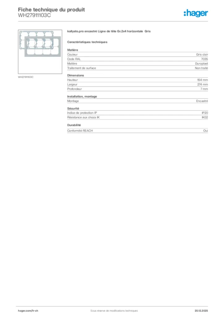 Image Hager Fiche technique du produit WH27911103C | Hager Suisse