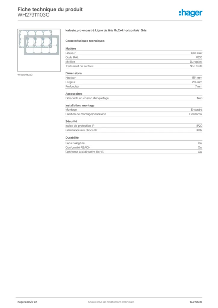 Image Hager Fiche technique du produit WH27911103C | Hager Suisse