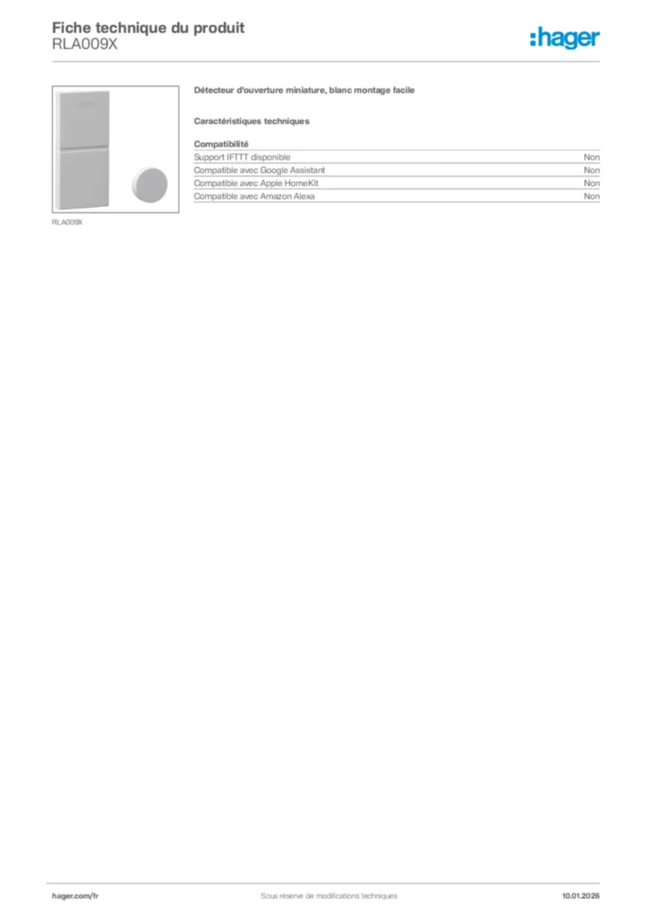 Image Hager Fiche technique du produit RLA009X | Hager France