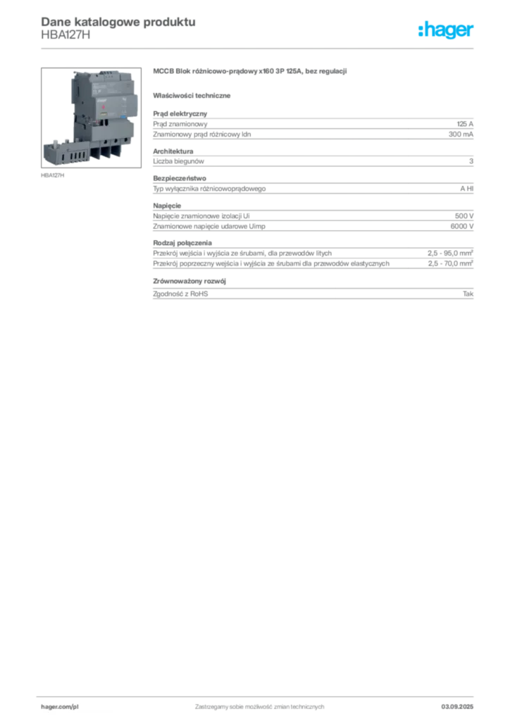 Zdjęcie Hager Karta katalogowa HBA127H | Hager Polska