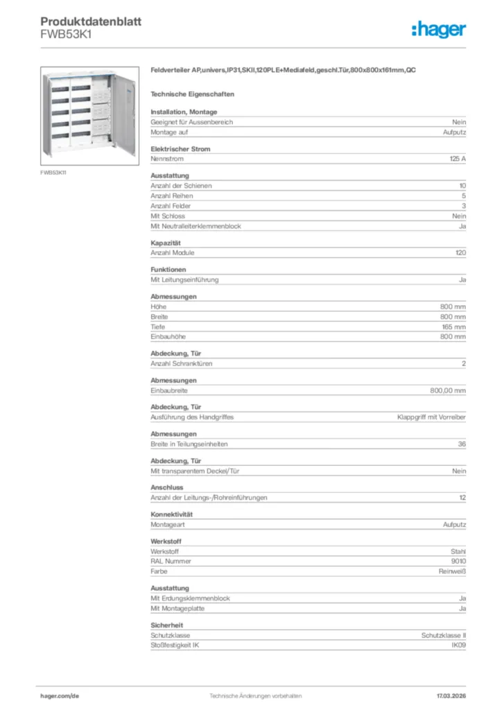 Bild Hager Produktdatenblatt FWB53K1 | Hager Deutschland