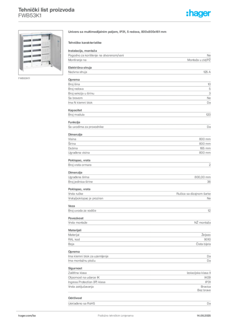 Slika Hager Product data sheet FWB53K1  | Hager