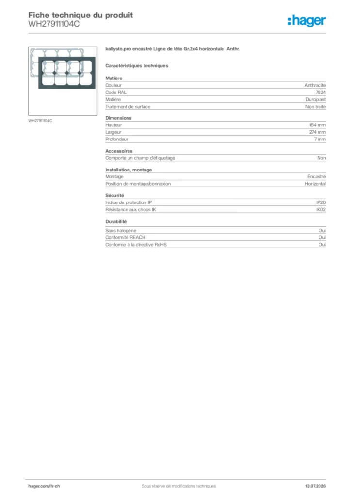 Image Hager Fiche technique du produit WH27911104C | Hager Suisse