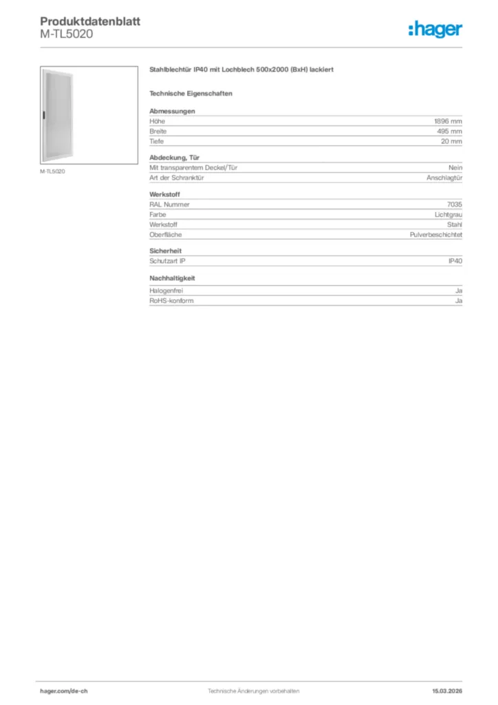 Bild Hager Produktdatenblatt M-TL5020 | Hager Schweiz