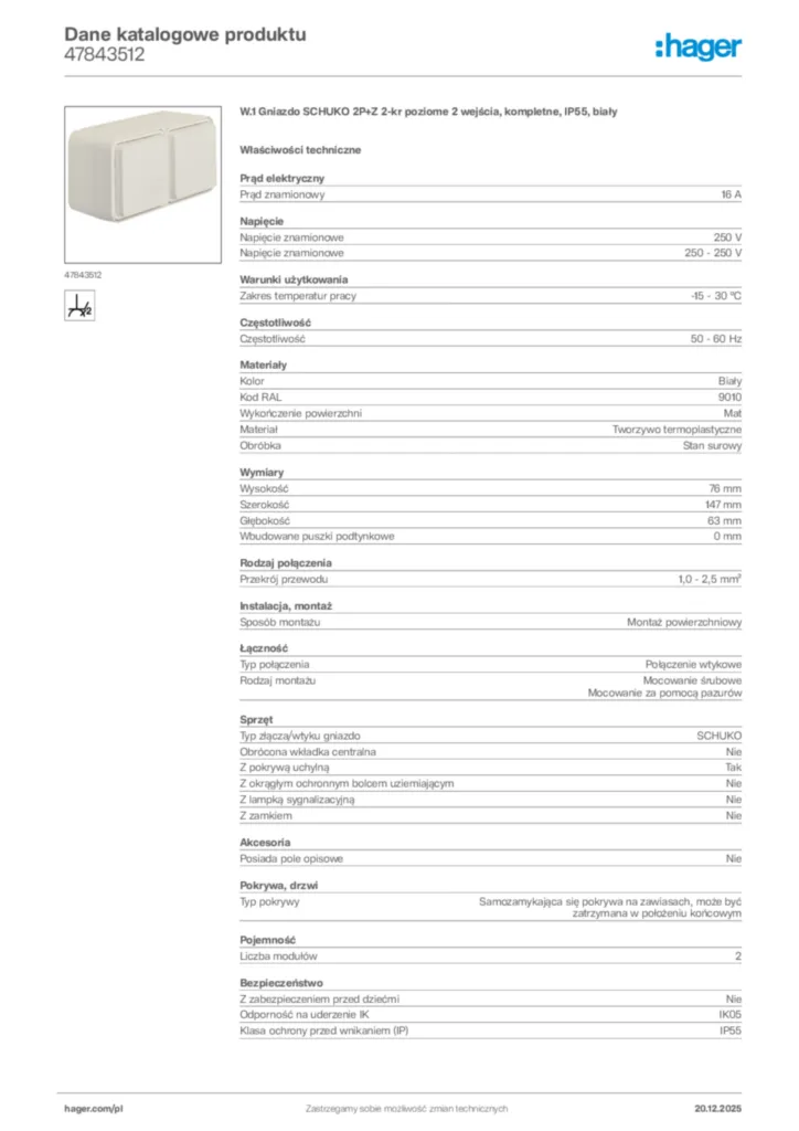 Zdjęcie Hager Karta katalogowa 47843512 | Hager Polska