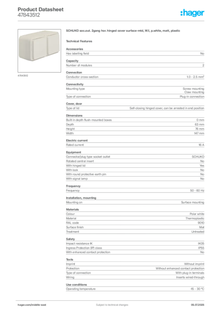 Image Hager Product data sheet 47843512  | Hager