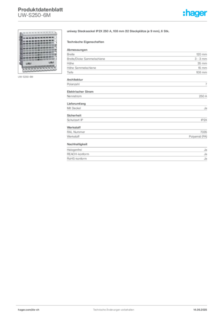 Bild Hager Produktdatenblatt UW-S250-6M | Hager Schweiz