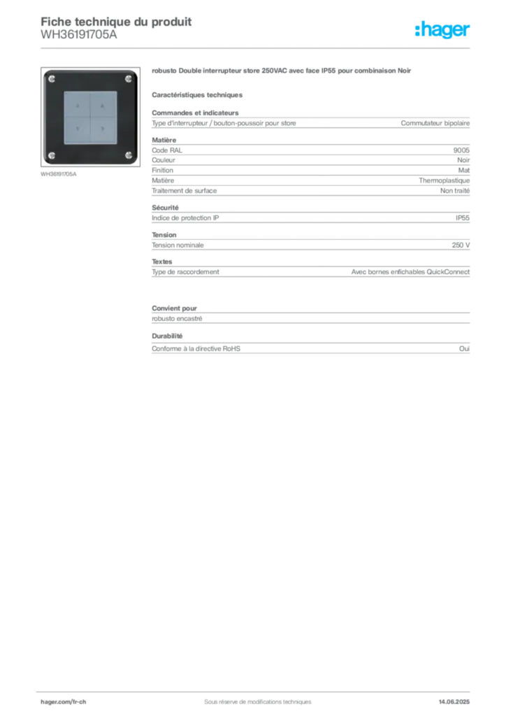 Image Hager Fiche technique du produit WH36191705A | Hager Suisse