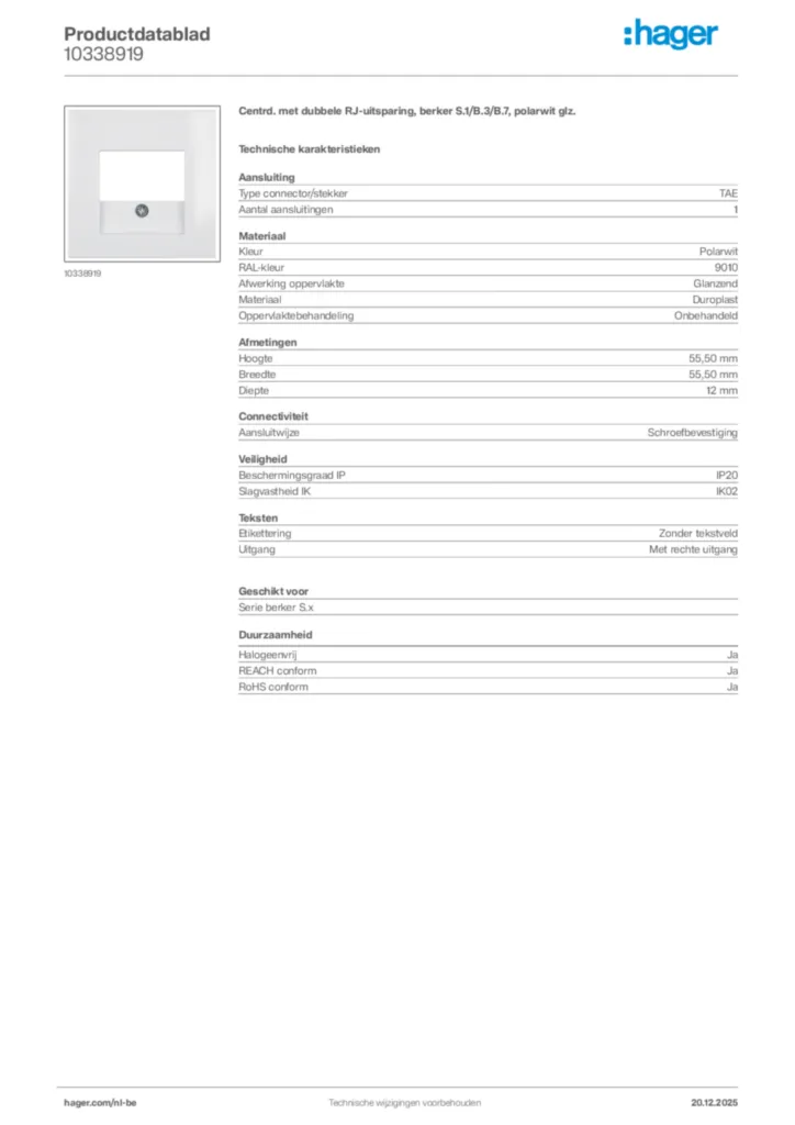 Afbeelding Hager Productdatablad 10338919 | Hager Belgium