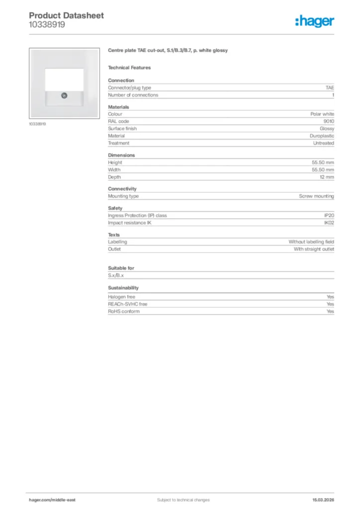 Image Hager Product data sheet 10338919  | Hager