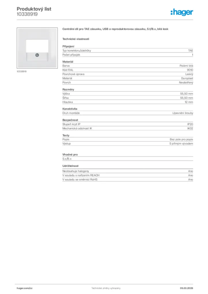 Obrázek Hager Product data sheet 10338919 | Hager