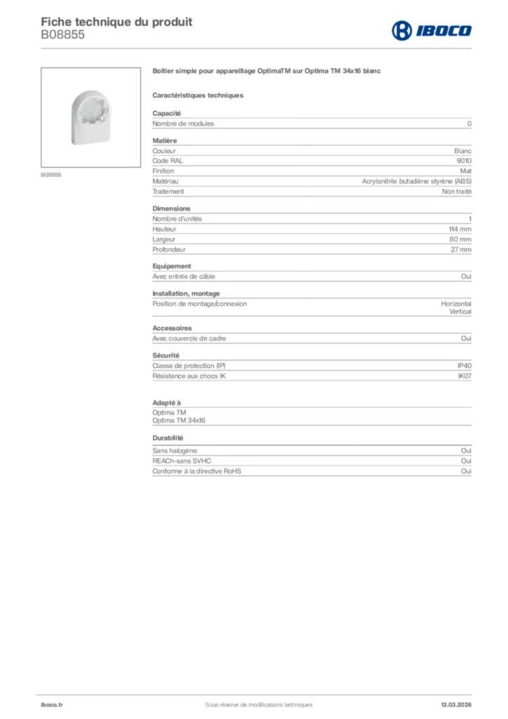 Image Iboco Fiche technique du produit B08855 | Hager France