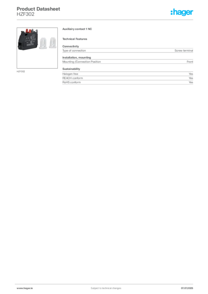 Image Hager Product data sheet HZF302  | Hager