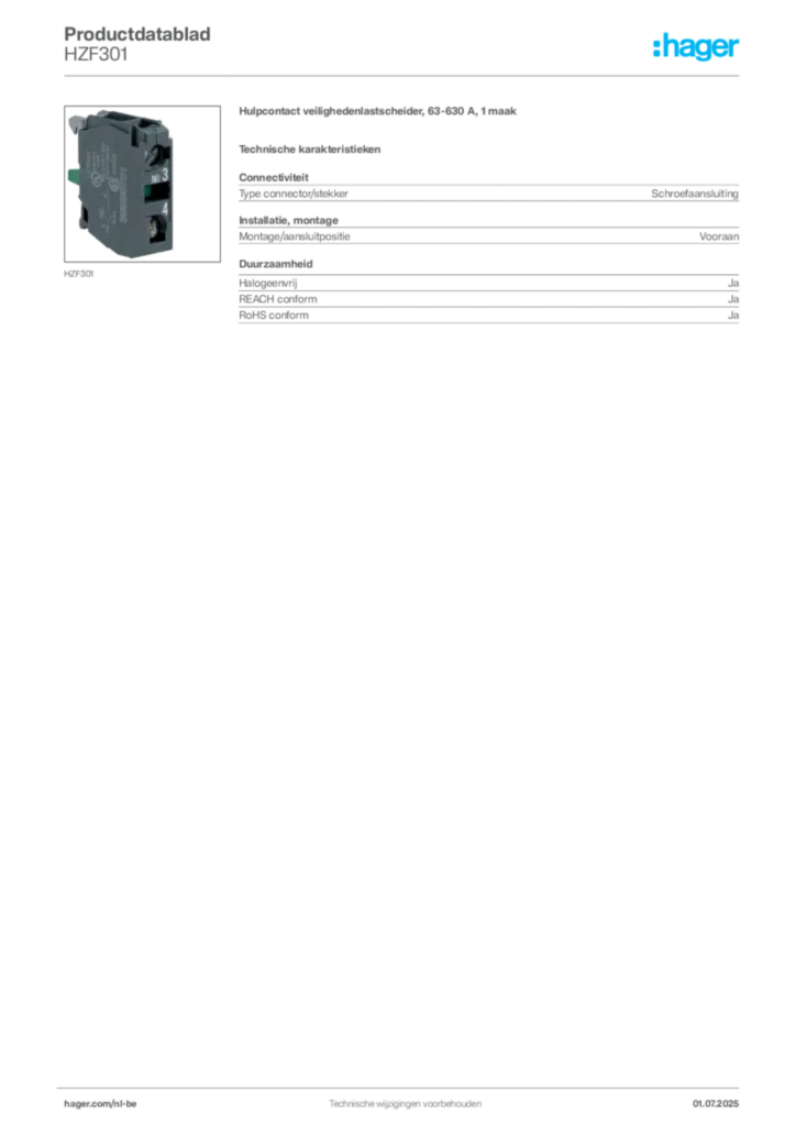 Afbeelding Hager Productdatablad HZF301 | Hager Belgium