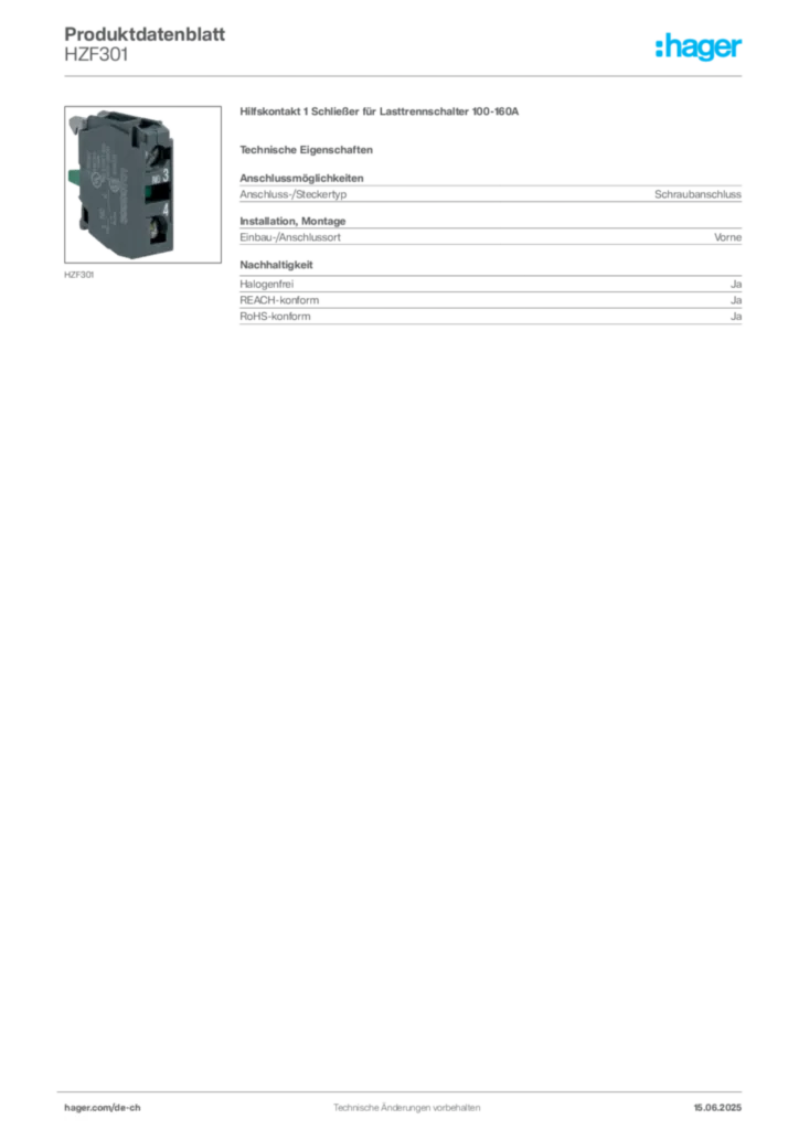Bild Hager Produktdatenblatt HZF301 | Hager Schweiz