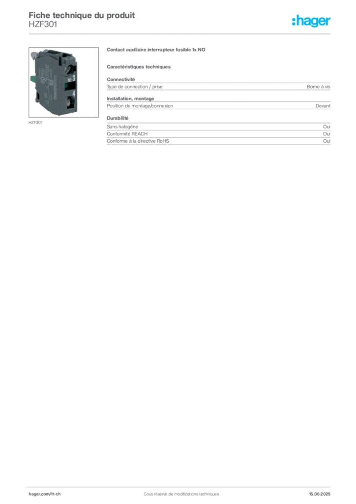 Image Hager Fiche technique du produit HZF301 | Hager Suisse