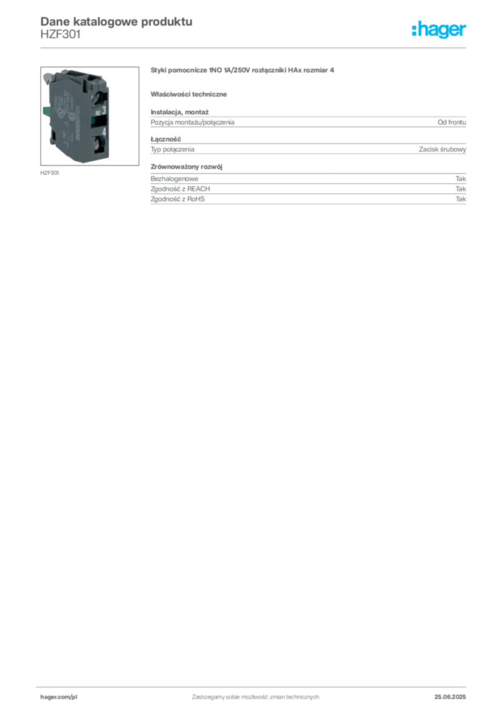 Zdjęcie Hager Karta katalogowa HZF301 | Hager Polska