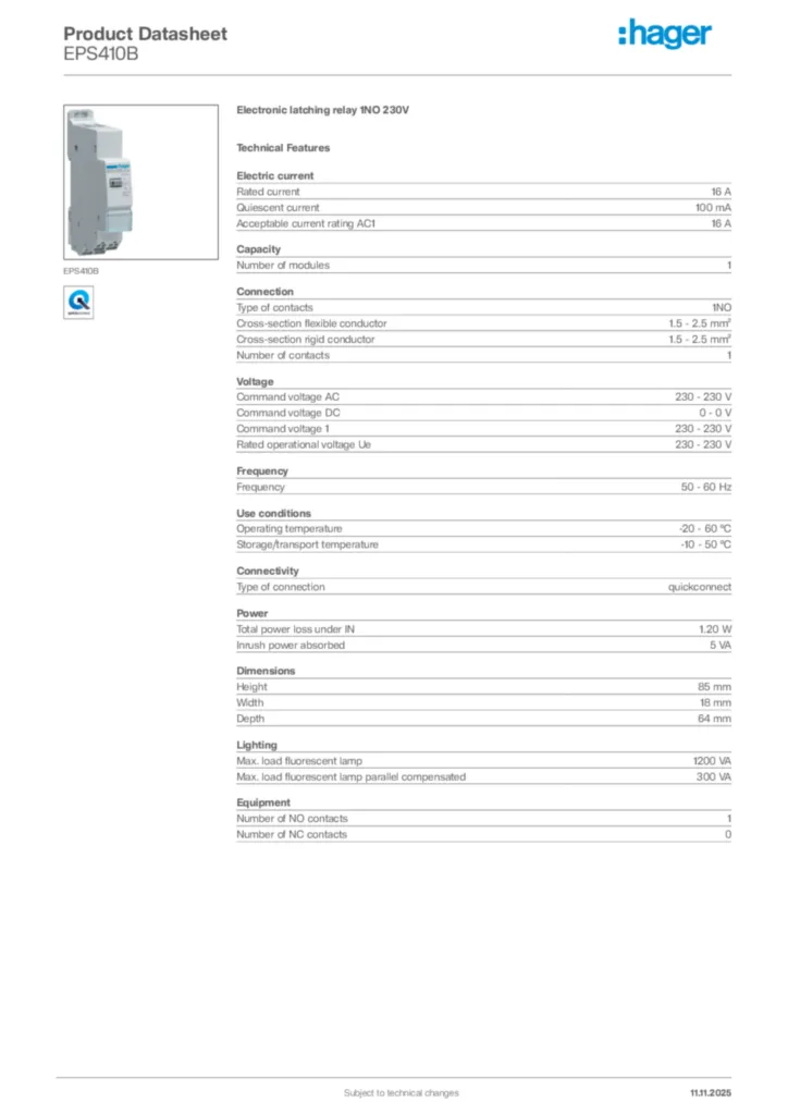Image Hager Product data sheet EPS410B  | Hager Africa