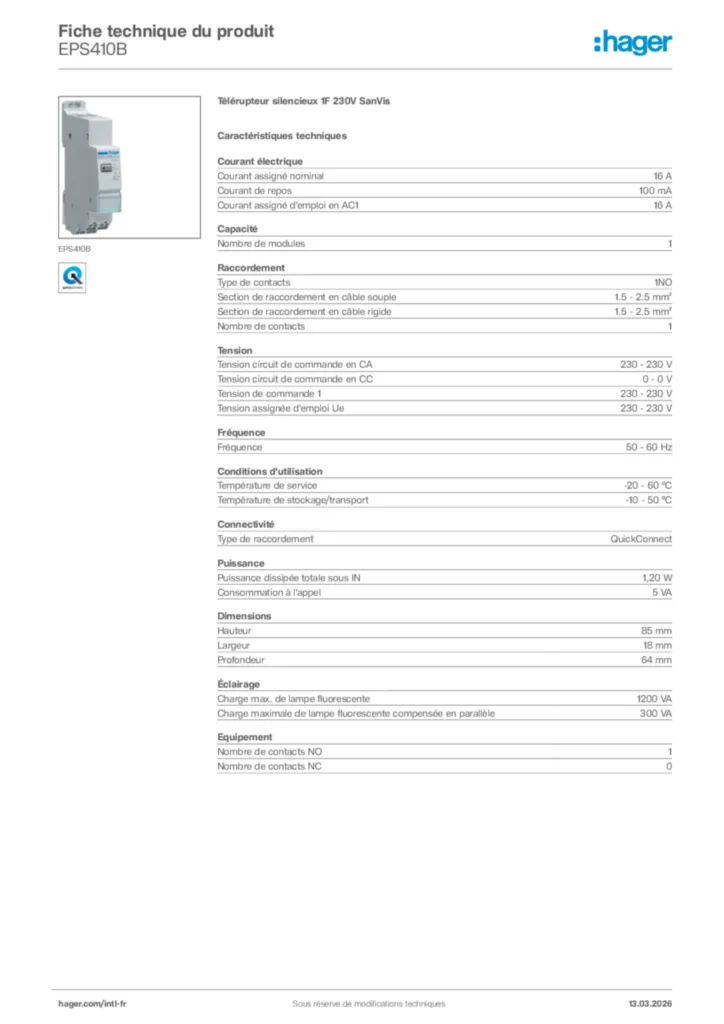 Image Hager Fiche technique du produit EPS410B | Hager Afrique