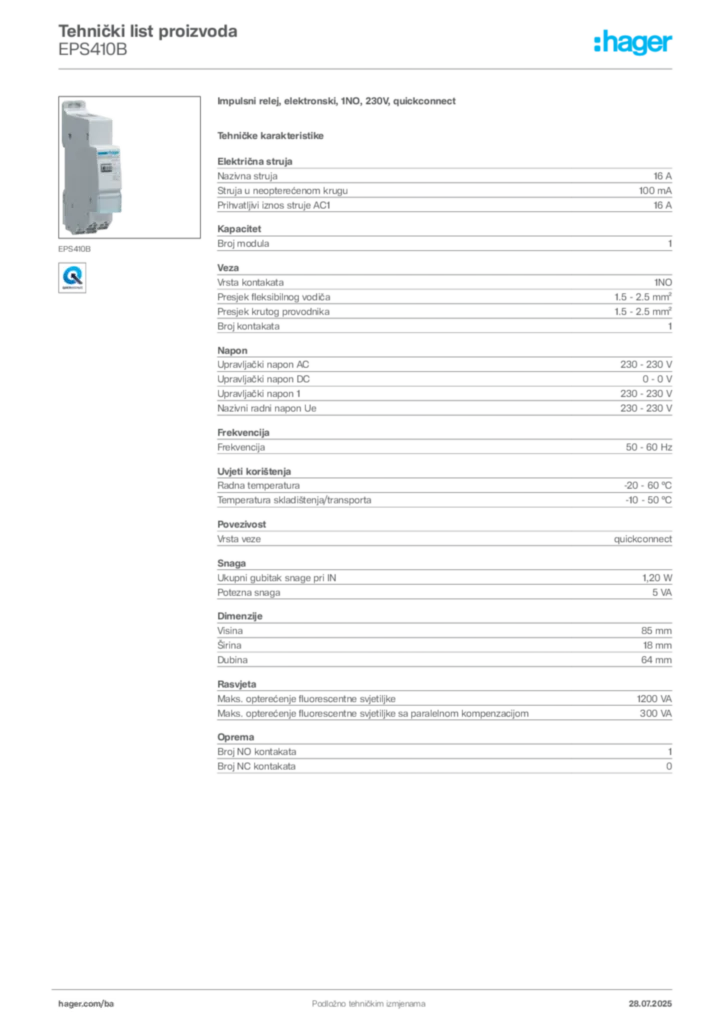 Slika Hager Product data sheet EPS410B  | Hager
