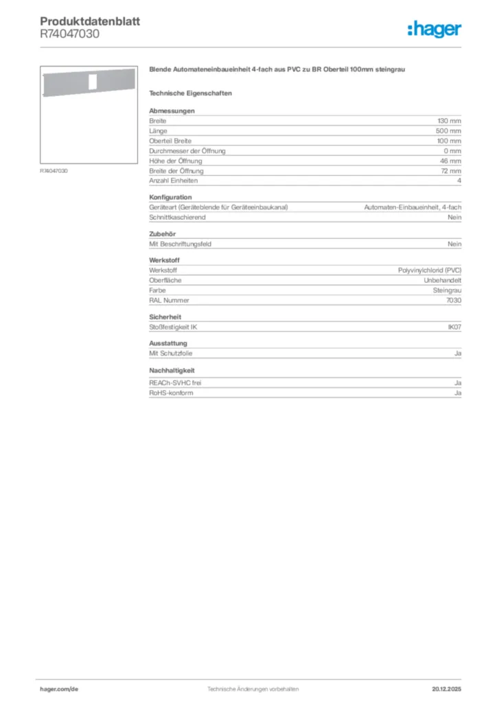 Bild Hager Produktdatenblatt R74047030 | Hager Deutschland