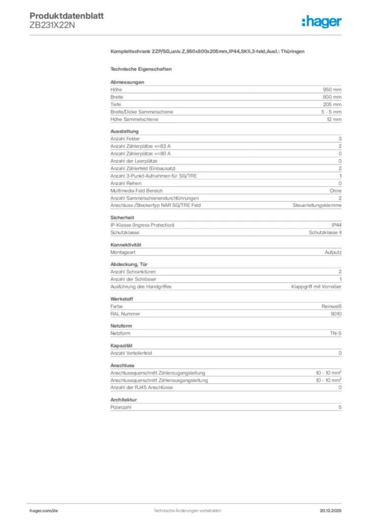 Bild Hager Produktdatenblatt ZB231X22N | Hager Deutschland