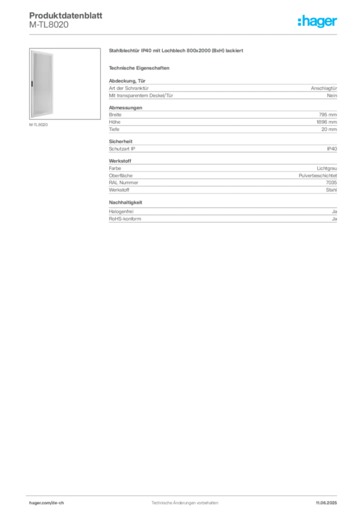 Bild Hager Produktdatenblatt M-TL8020 | Hager Schweiz