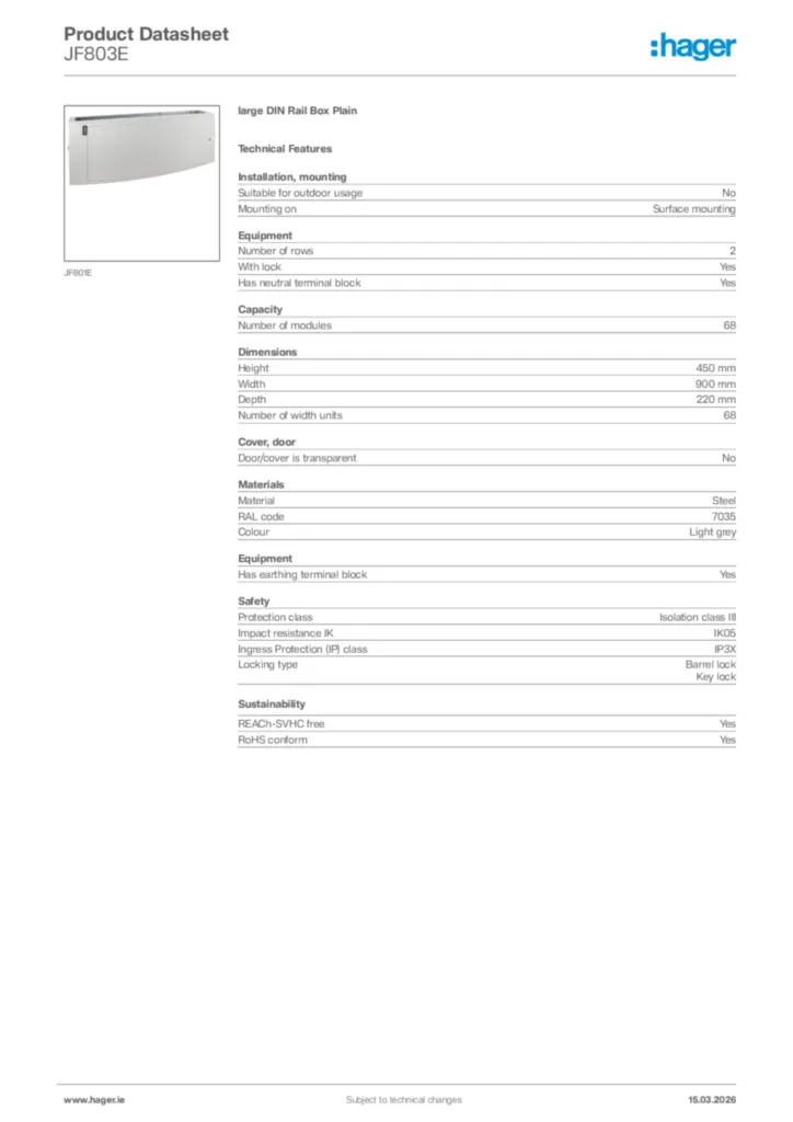 Image Hager Product data sheet JF803E  | Hager
