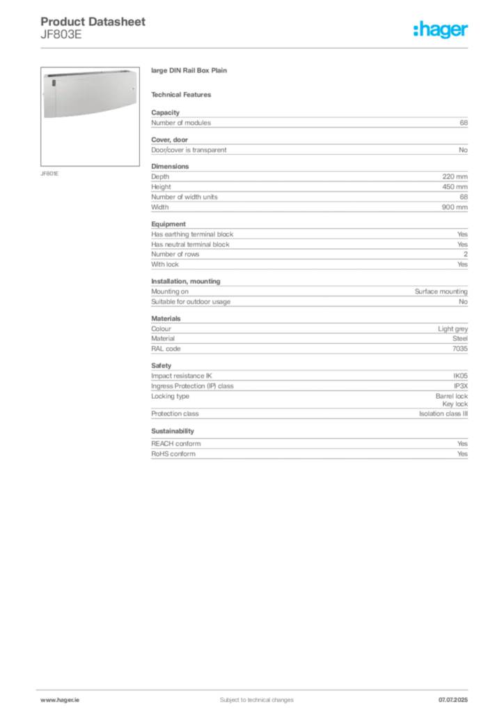 Image Hager Product data sheet JF803E  | Hager