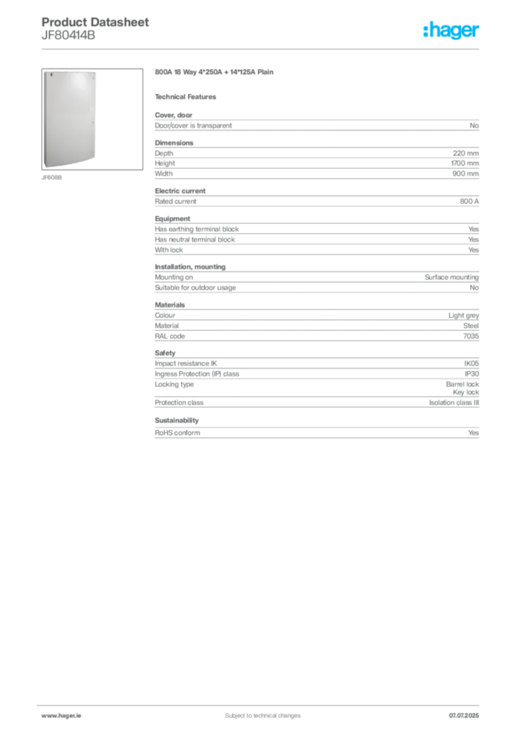 Image Hager Product data sheet JF80414B  | Hager