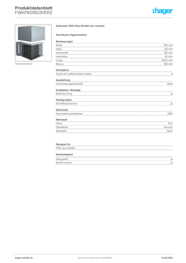 Bild Hager Produktdatenblatt FWKP601503VERZ | Hager Schweiz
