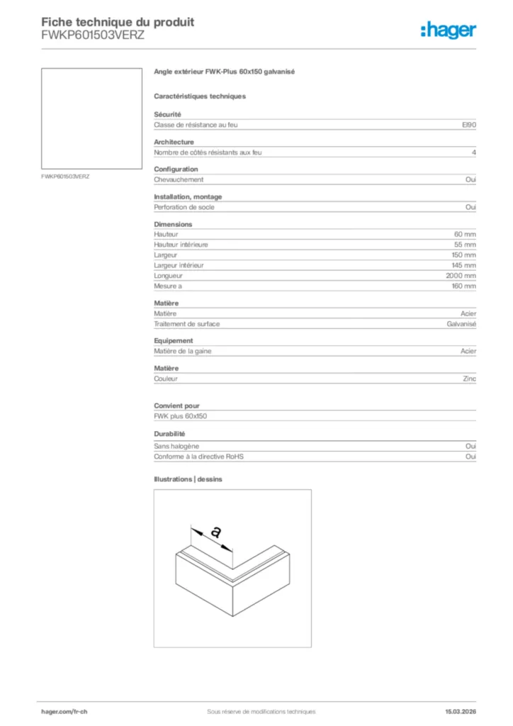 Image Hager Fiche technique du produit FWKP601503VERZ | Hager Suisse