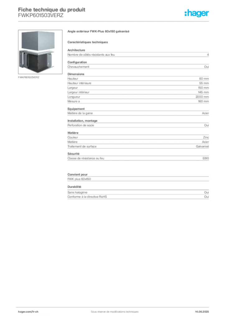Image Hager Fiche technique du produit FWKP601503VERZ | Hager Suisse