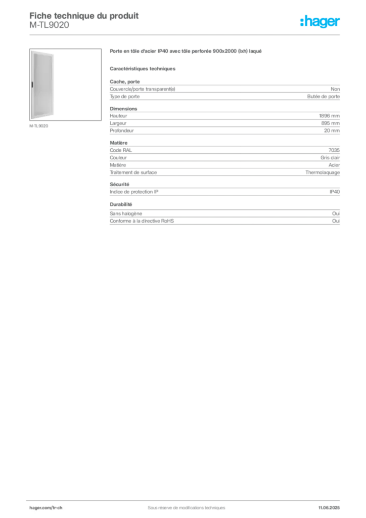 Image Hager Fiche technique du produit M-TL9020 | Hager Suisse
