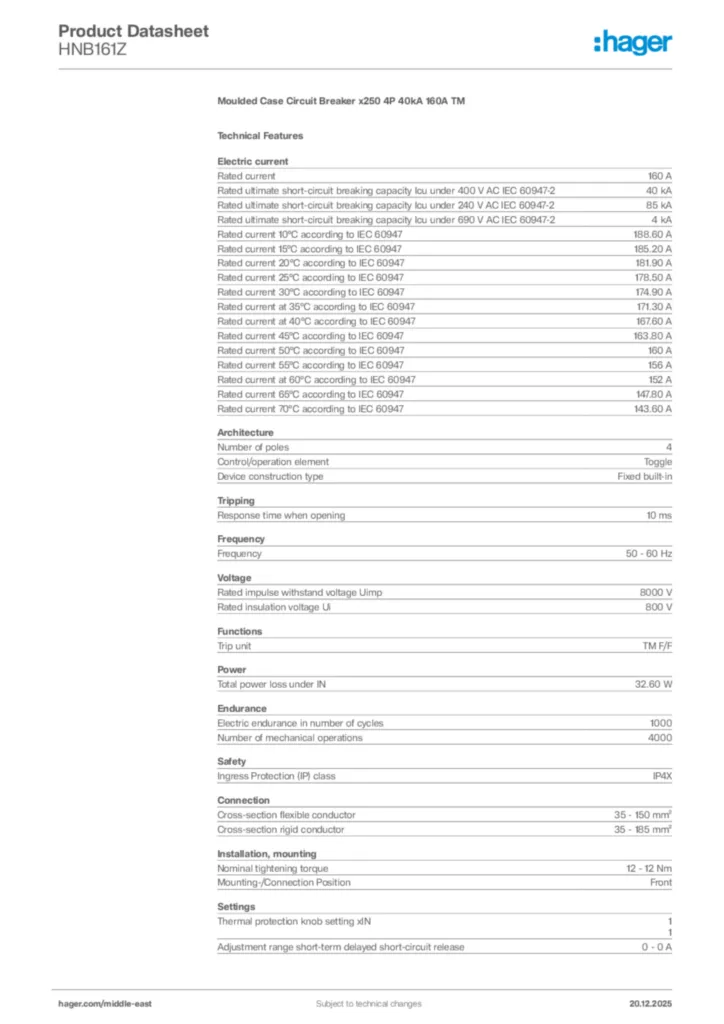 Image Hager Product data sheet HNB161Z  | Hager