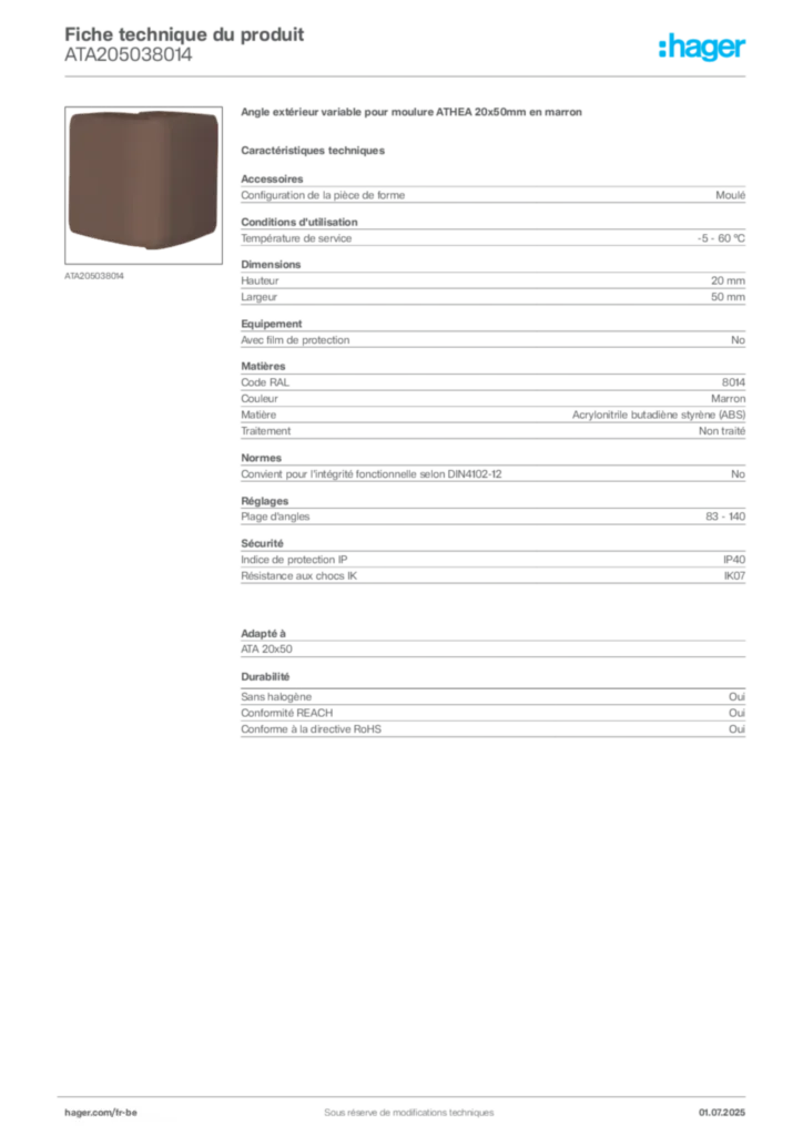 Image Hager Fiche technique du produit ATA205038014 | Hager Belgique