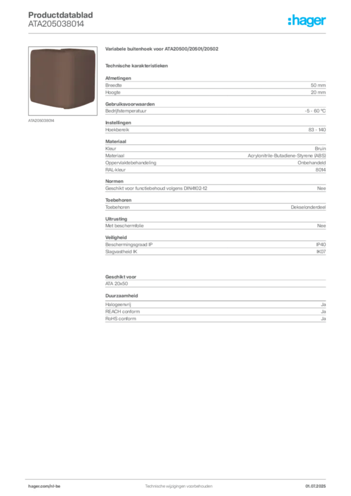 Afbeelding Hager Productdatablad ATA205038014 | Hager Belgium