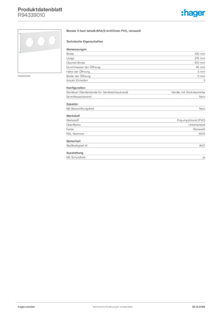 Bild Hager Produktdatenblatt R94339010 | Hager Deutschland