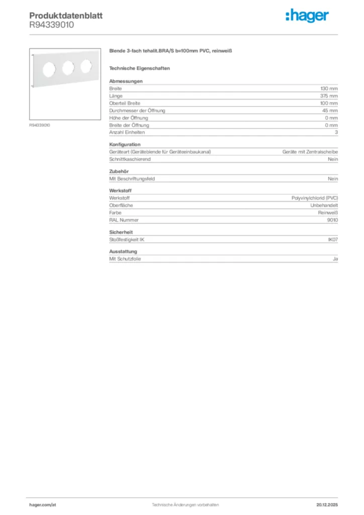 Bild Hager Produktdatenblatt R94339010 | Hager Deutschland