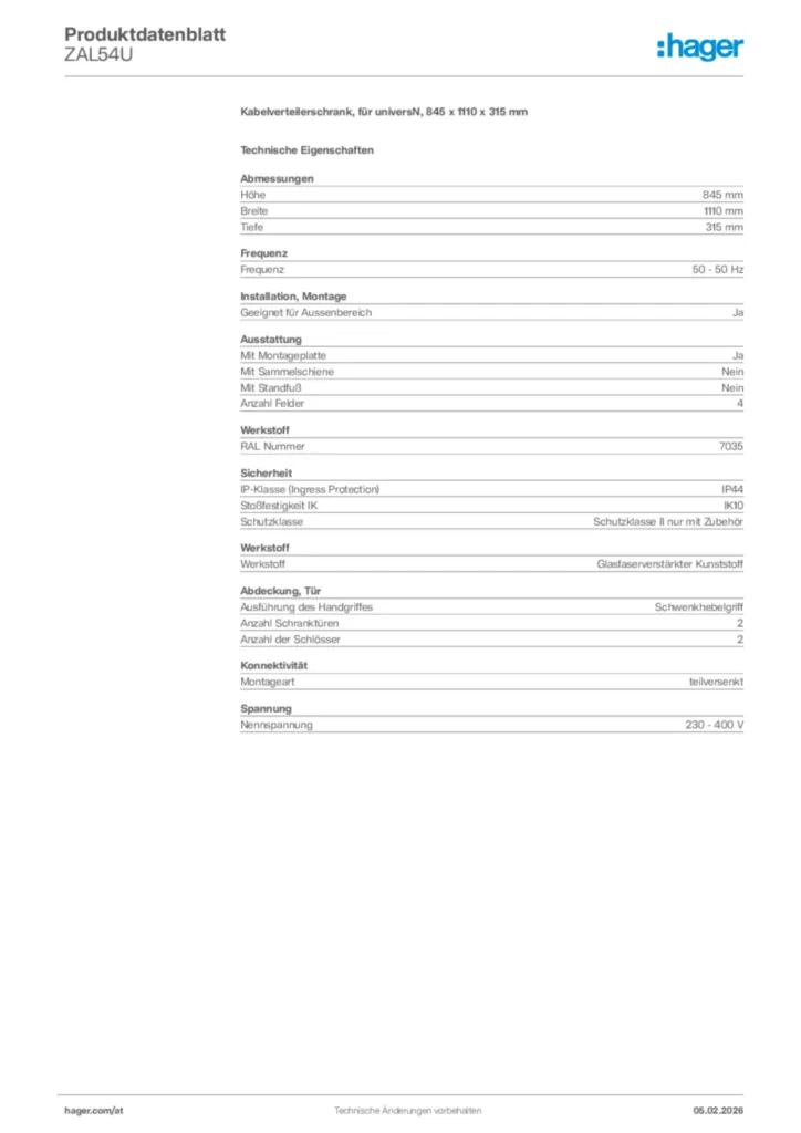 Bild Hager Produktdatenblatt ZAL54U | Hager Deutschland