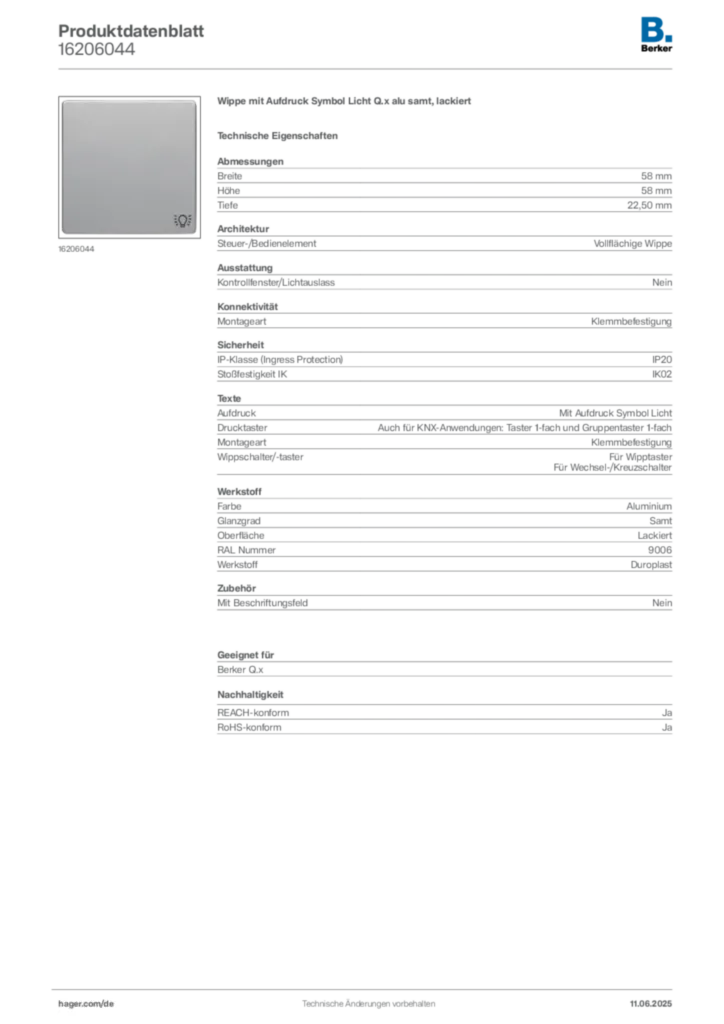 Bild Berker Produktdatenblatt 16206044 | Hager Deutschland