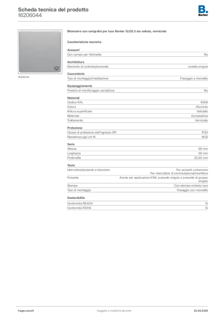 Immagine Berker Scheda tecnica del prodotto 16206044 | Hager Italia