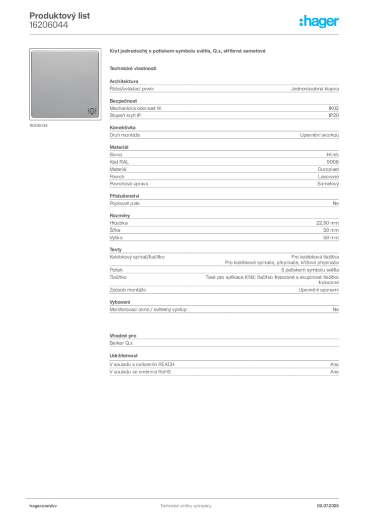 Obrázek Hager Produktový list 16206044 | Hager