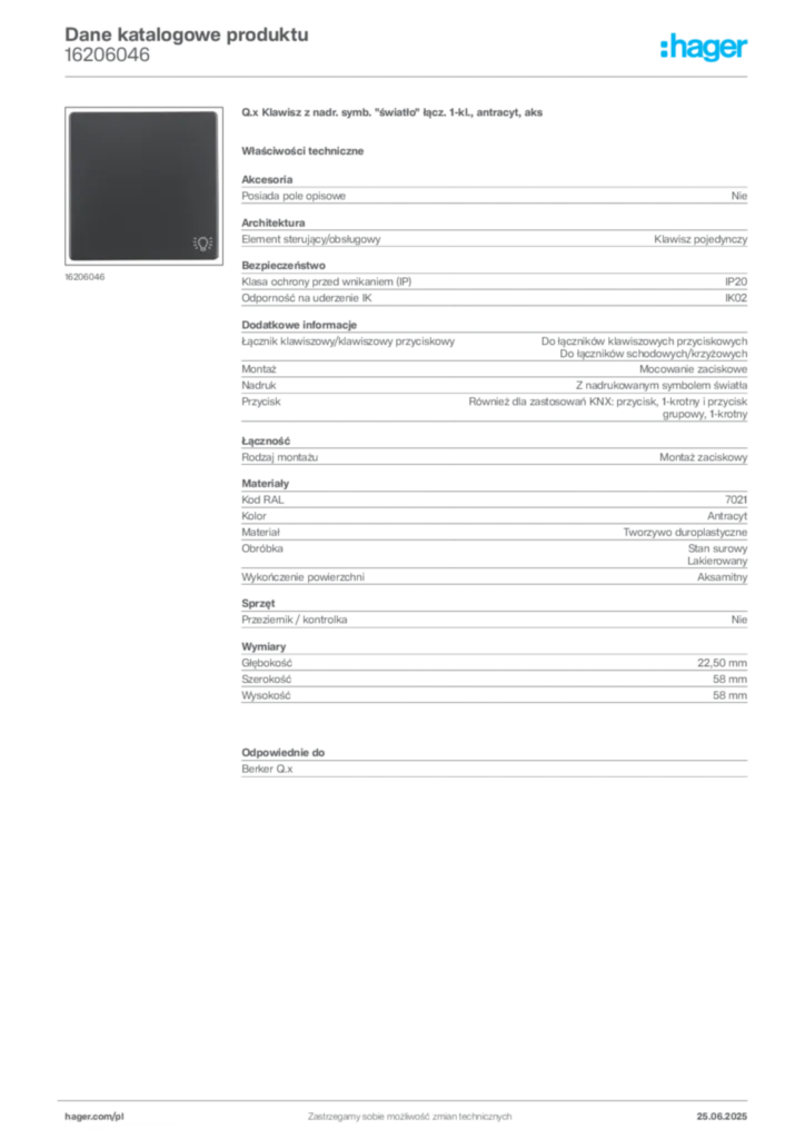 Zdjęcie Hager Karta katalogowa 16206046 | Hager Polska