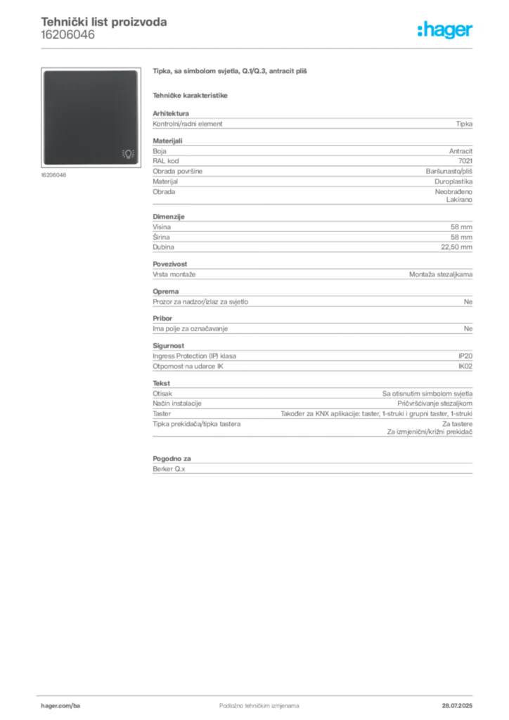 Slika Hager Product data sheet 16206046  | Hager