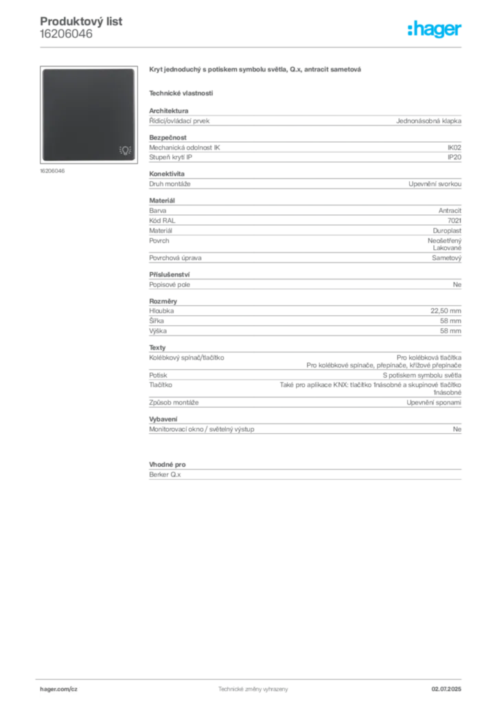 Obrázek Hager Produktový list 16206046 | Hager